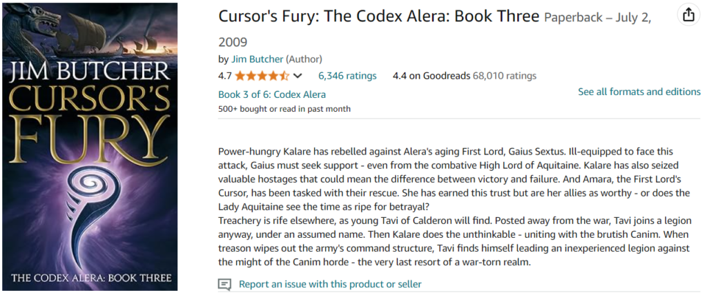  3. Cursor's Fury: The Codex Alera: Book Three - Buy on Amazon