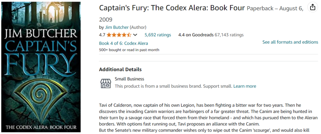 4. Captain's Fury: The Codex Alera: Book Four - Buy on Amazon