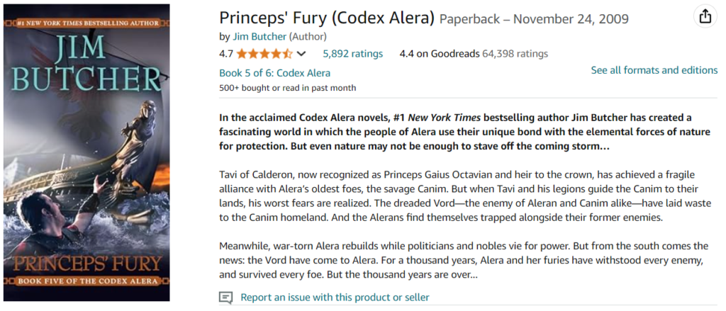 5. Princeps' Fury (Codex Alera) - Buy on Amazon