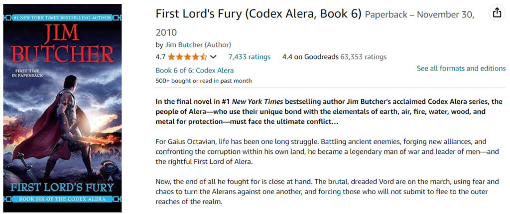 6. First Lord's Fury (Codex Alera, Book 6) - Buy on Amazon